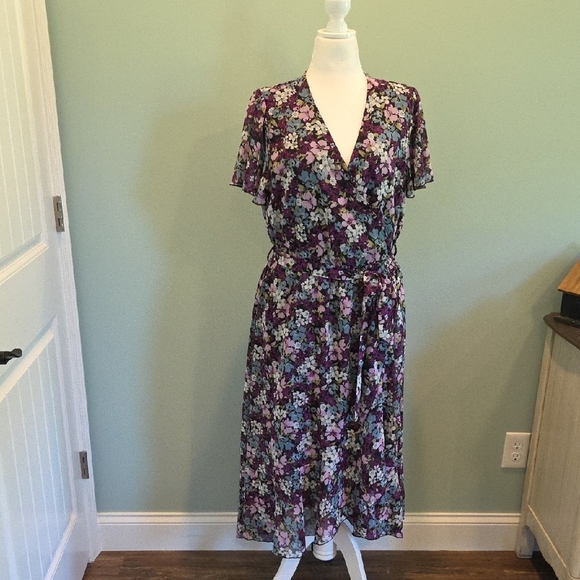 Prettygarden Purple Floral V-Neck Flutter Sleeve Wrap Dress Women's XXL (20-22) - Picture 3 of 10